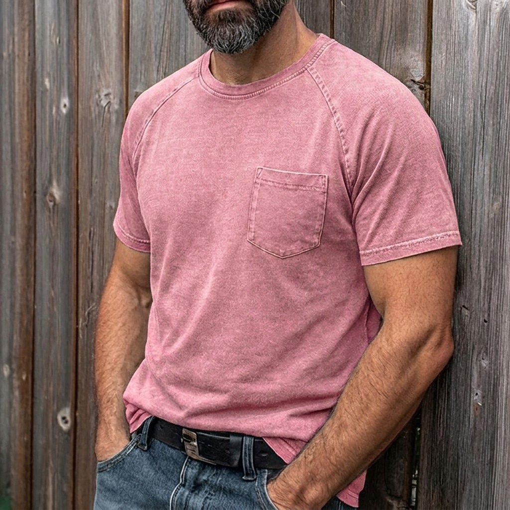 Men's Cotton T Shirt Washed Shirt Tee Top Short Sleeve Crew Neck Summer Spring All Seasons Solid Color Plain Retro Vintage Distressed Pocket Garment Dyed Washed Casual Vacation Street Light Blue 2026 - $27.99 –P14
