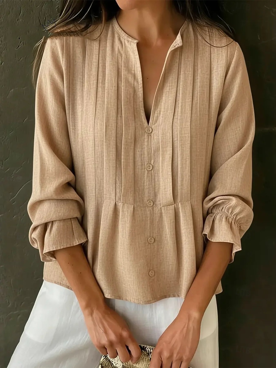Women's Shirt Blouse Ruched Solid Color Plain Elegant Fashion Daily Long Sleeve Bell Sleeve V Neck Long Tops Casual Daily Red Sky Blue khaki Summer Spring 2026 - $31.99 –P1