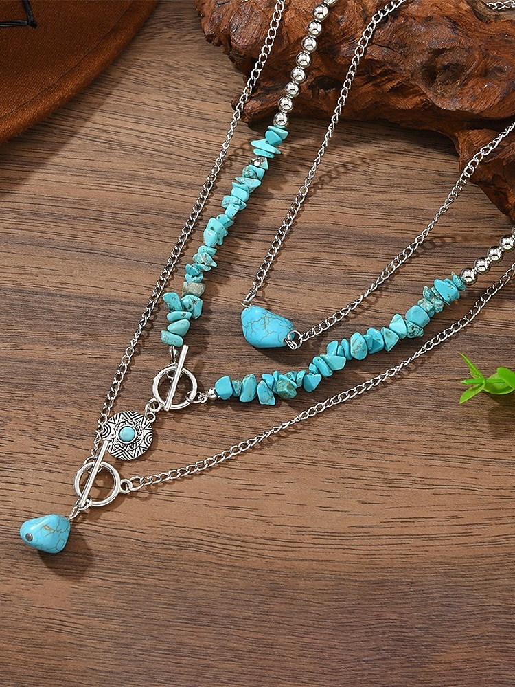 Conjunto de collar de turquesa en capas para mujer, joyería boho de piedra natural con cadena de aleación de plata, regalo de moda de verano para mujeres maduras, playa, resort, fiesta en el jardín, 2026 - $9.99 –P5