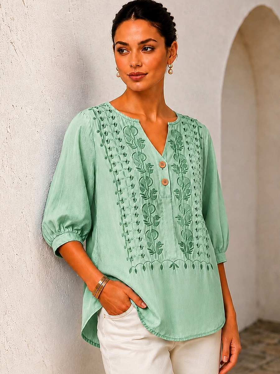 Per donna Camicia Top con cuciture in pizzo Ricamato Floreale Elegante Bohemien Etnico Manica 3/4 Scollo a V Top lunghi Casuale Quotidiano Uscire Blu Arancione Verde Primavera Autunno del 2026 a $24.99 –P8