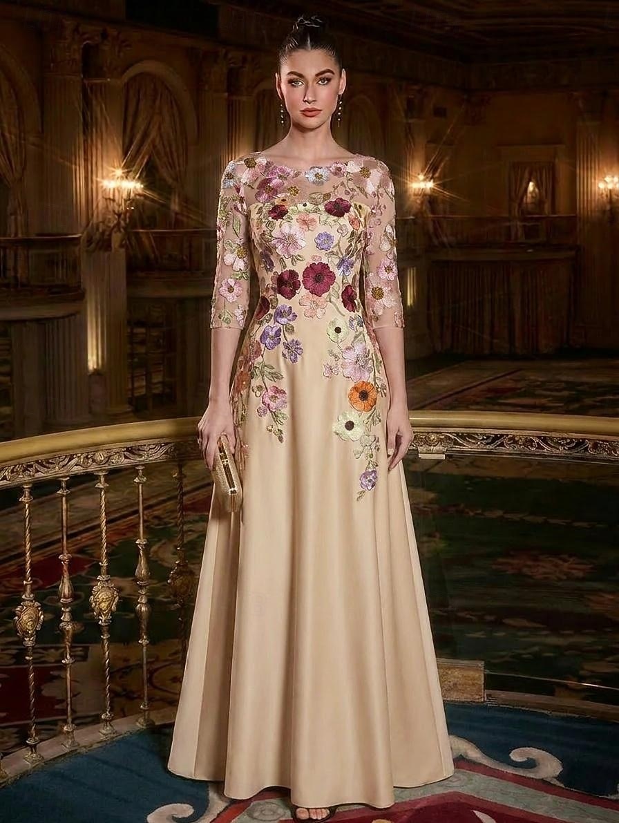 A-Line Floor Length Evening Gown Elegant Vintage Floral 3/4 Length Sleeve Boat Neck Garden Party Wedding Satin Tulle with Embroidered Flower Pleats Embroidery 2026 - $171.99 –P1