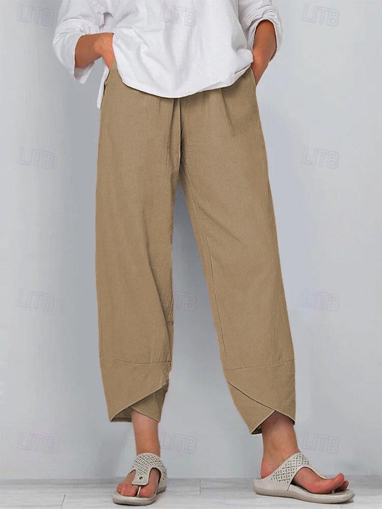 Calça capri feminina 100% algodão, ideal para o verão, casual, para uso diário, comprimento até o tornozelo, lisa, com bolsos laterais, respirável, confortável e sem elasticidade. Disponível nas cores preto, vinho, verde e cáqui. Primavera e verão. de 2026 por $8.99 –P3