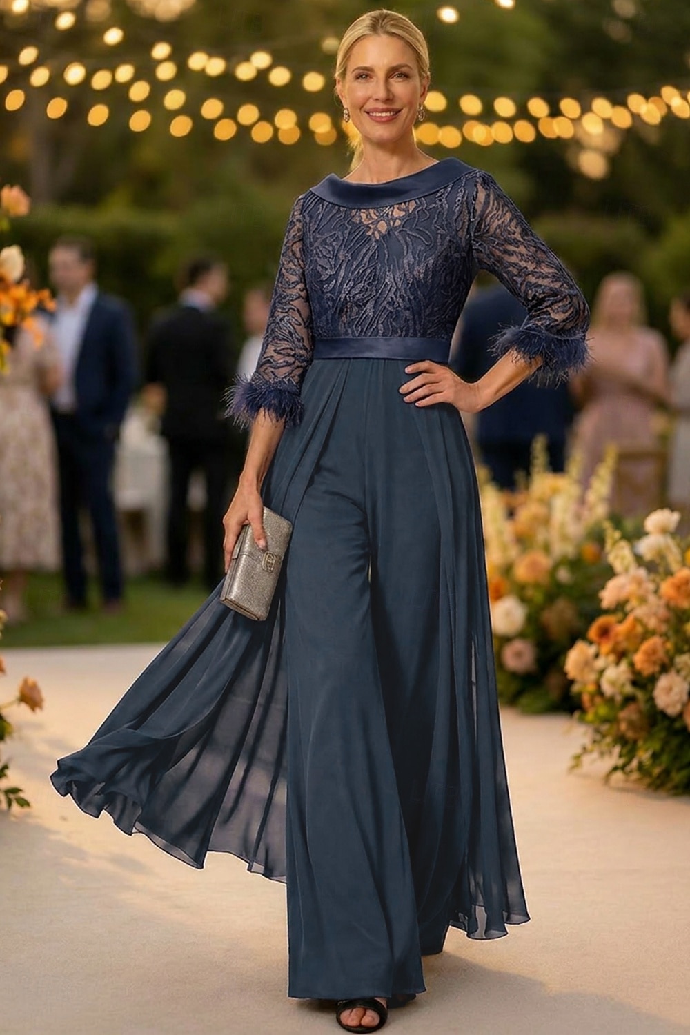 Tuta Completo Pantalone Lunghezza al pavimento Abito da cerimonia per signora Mezza Manica Collo gioiello Elegante Vintage Ospite di nozze Chiesa Chiffon con Piuma Paillettes Applicazioni del 2026 a $195.99 –P1