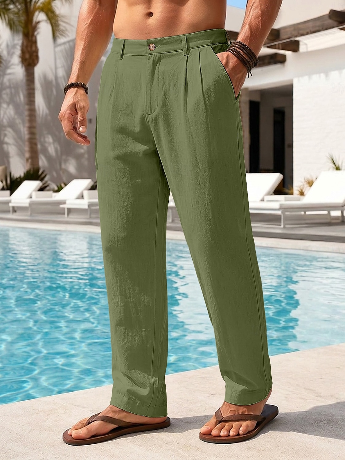 Men's Cotton Linen Pants Trousers Summer Pants Baggy Pants Beach Pants Pleated Pocket Solid Color Comfort Breathable Full Length Casual Daily Outdoor Vacation Fashion Loose Fit Blue White Inelastic 2026 - $29.99 –P12