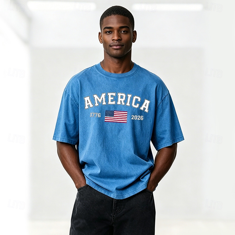 4th of July 2026 250th Men's American Flag 1776 Acid Wash Shirt Heavyweight T-shirt Short Sleeve T shirt DTG Crew Neck Shirt Patriotic Street Holiday Blue Black Army Green Spring & Summer Clothing 2026 - $27.99 –P1