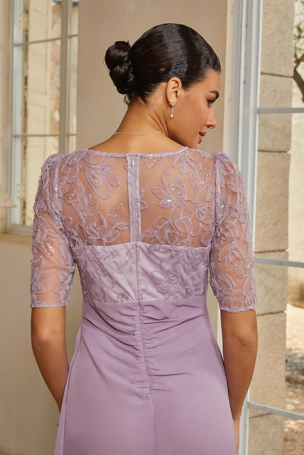 Women's Sheath Column Cocktail Dress Wedding Guest Dress Ankle Length V Neck Half Sleeve Illusion Sleeve Elegant Mother Of The Bride Semi Formal with Chiffon 3D Floral Mesh Slit Side Draping Lavender 2026 - $119.99 –P6
