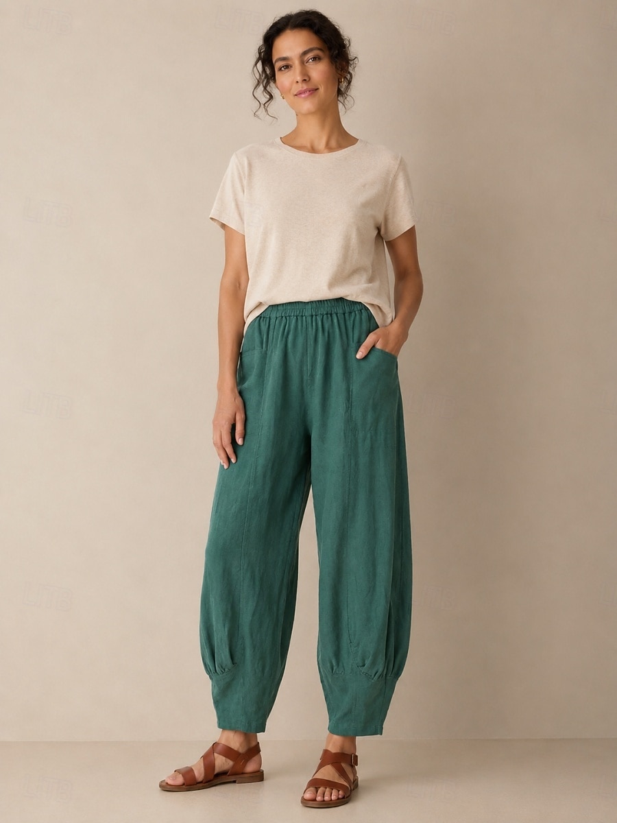 Pantalon large en lin pour femme, taille mi-haute, poches pleine longueur, ceinture élastique, couleur bordeaux et bleu azur, idéal pour les vacances de 2026 ? $49.99 –P2