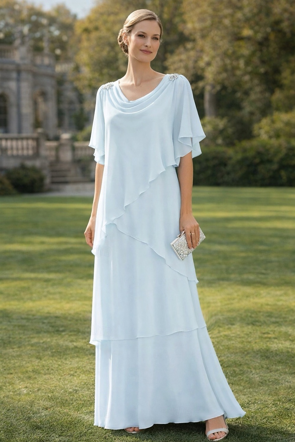 A-Linie Bodenlang Kleid für Hochzeitsgäste Stufenkleid Abendkleid Brautmutterkleid Kurzarm Wasserfallausschnitt Elegant Formell Hochzeitsgast Semi-Formal Chiffon mit Rüschen Drapierung Stufen 2026 - $171.99 –P4