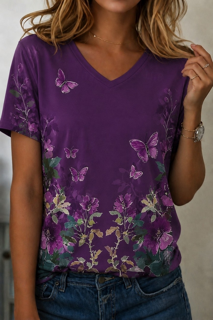 Per donna Maglietta Stampato Floreale Grafico Piante Vintage Elegante Classico Manica Corta Scollo a V Top Regolari Casuale Quotidiano Viola chiaro Viola Viola Estate Primavera Autunno Inverno del 2026 a $21.99 –P3