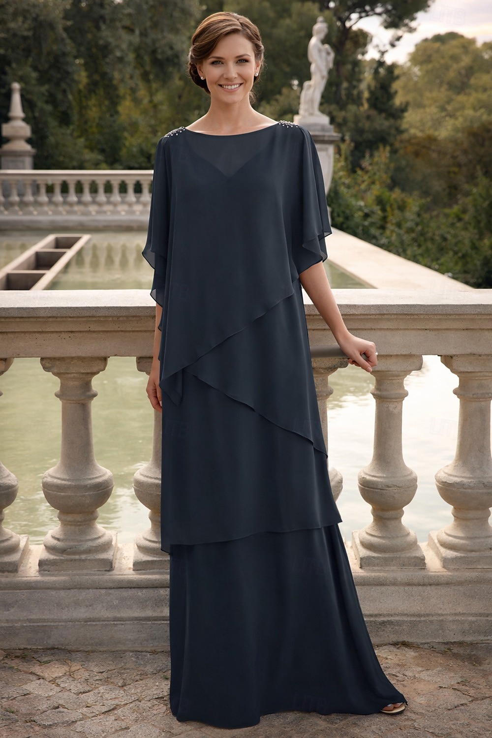 Linea ad A Lunghezza al pavimento Abito da invitata a nozze Abito Formale Abito a Strati Abito da cerimonia per signora Mezza Manica Girocollo Elegante Formale Ospite di nozze Chiffon con Volant del 2026 a $183.99 –P4