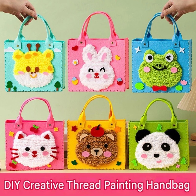 Bolso de mano creativo para pintar con hilo para niños, paquete de 3/6 bolsos de fieltro con animales surtidos al azar, bolso de mano de costura hecho a mano, arte educativo &Actividad manual, lindos 2026 - $29.99 –P3