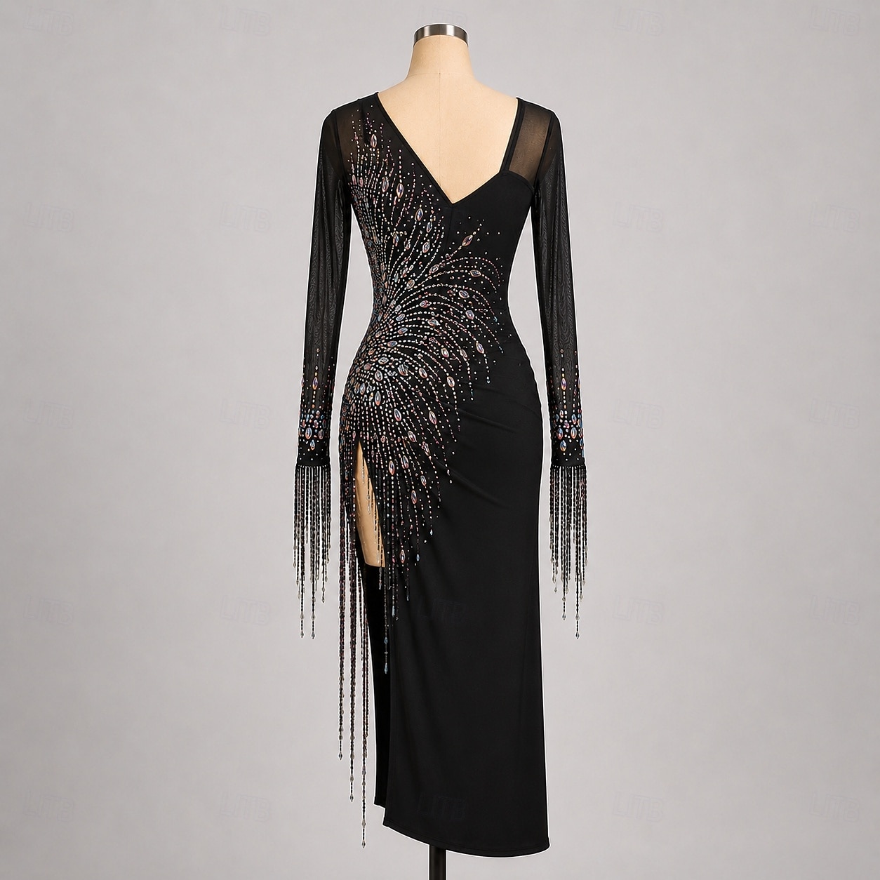Women's Black Latin Dance Dress - Professional Salsa Samba Competition Gown - Vibrant Rhinestone & Beaded Fringe Performance Wear - Sheer Mesh Sleeve Ballroom Outfit 2026 - $405.19 –P2