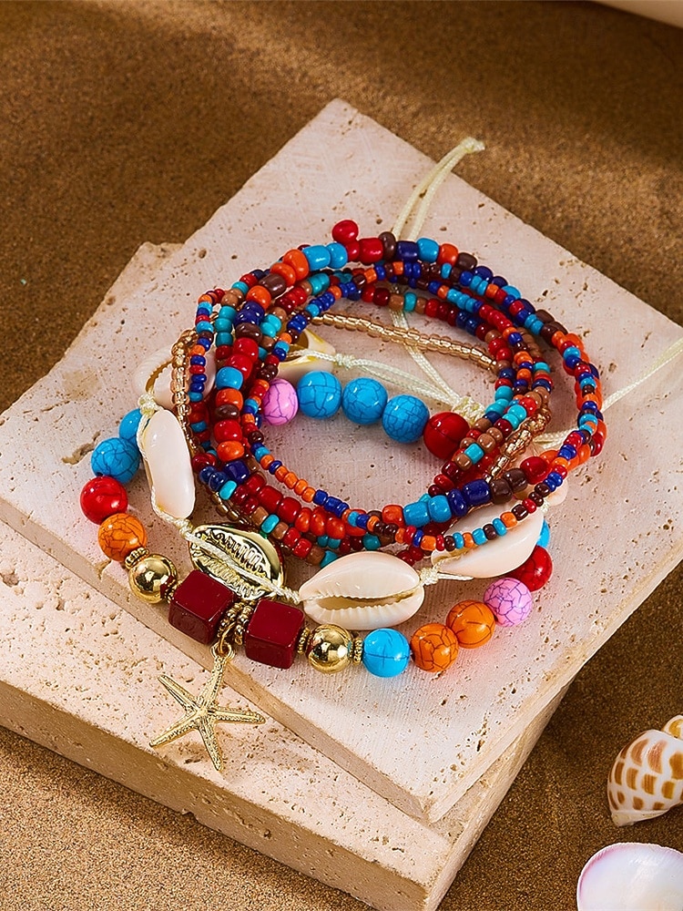 Conjunto de pulseiras femininas boho em camadas com 8 peças, pingente de estrela-do-mar e concha, em liga dourada, multifilamento, perfeitas para usar na praia, férias de verão e viagens. de 2026 por $11.99 –P7