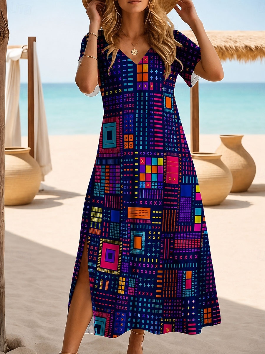 Per donna Abito maxi Abito a trapezio Casual Ferie Data Vestibilità regolare Floreale Grafico Leopardo Manica Corta Scollo a V Blu Rosso Viola Blu scuro Estate Primavera del 2026 a $28.99 –P5