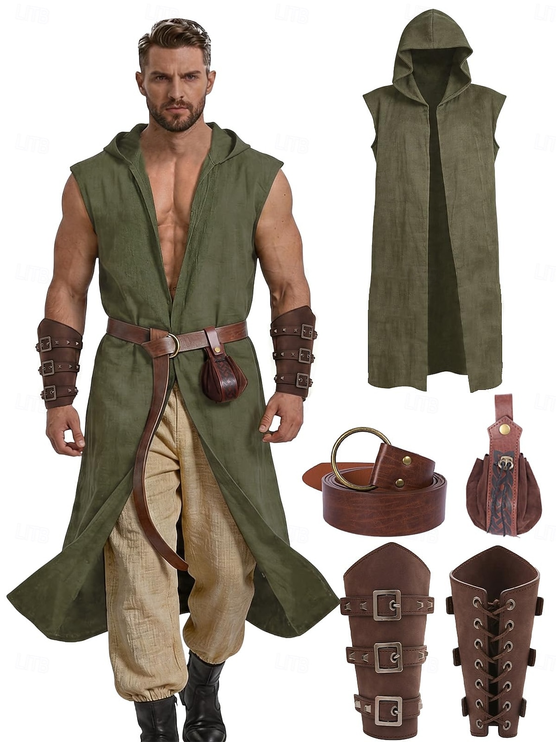 Set Retro Vintage Mittelalterlich Renaissance Weste Taillengürtel Armschützer mit Zubehör Ärmellos Ritter Ranger Kostüm Herren Fantasie Halloween Karneval Renaissance-Messe LARP Erwachsene Weste 2026 - $46.99 –P1