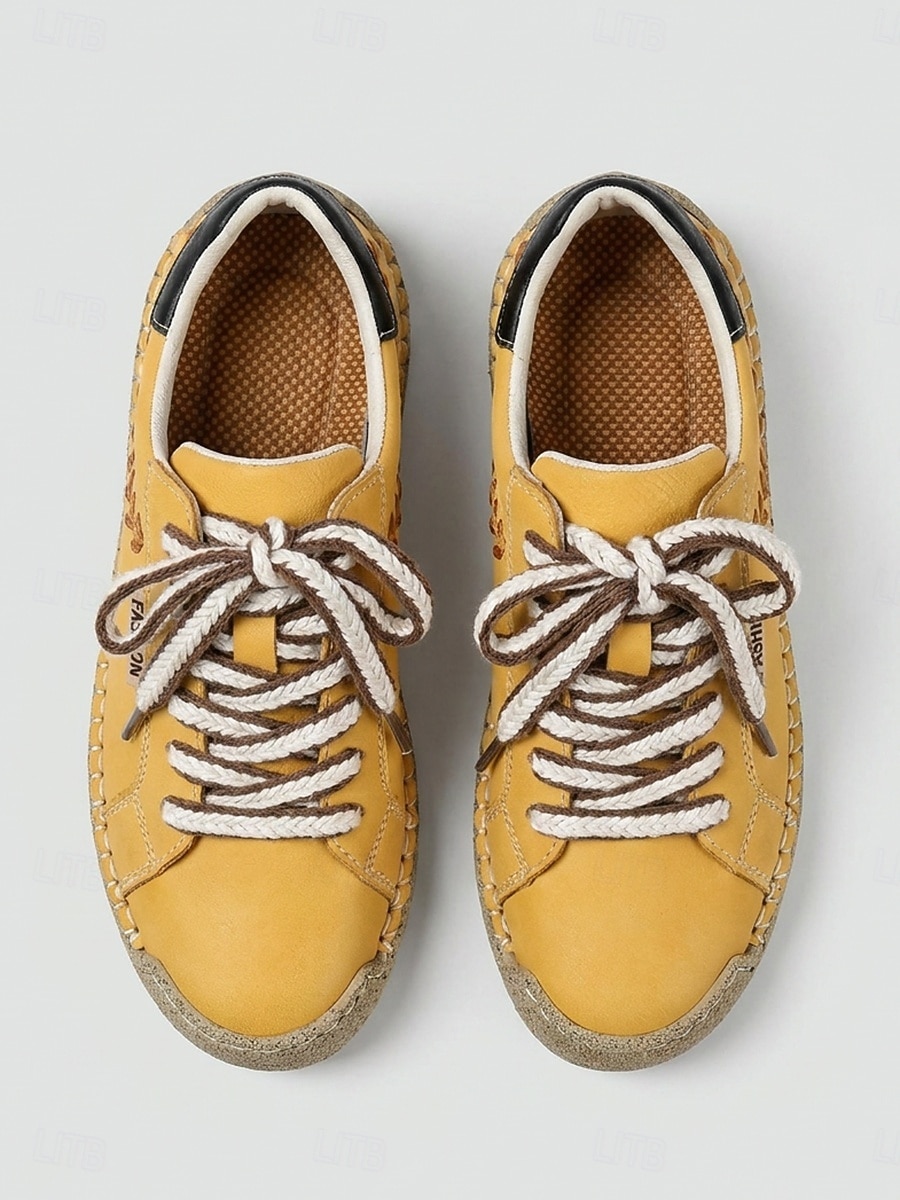 Women's Yellow Handcrafted Retro Casual Sneakers – Embroidery Lace-up Walking Shoes with Non-slip Sole for Travel, Outdoor Walking & Everyday Wear 2026 - $42.99 –P2