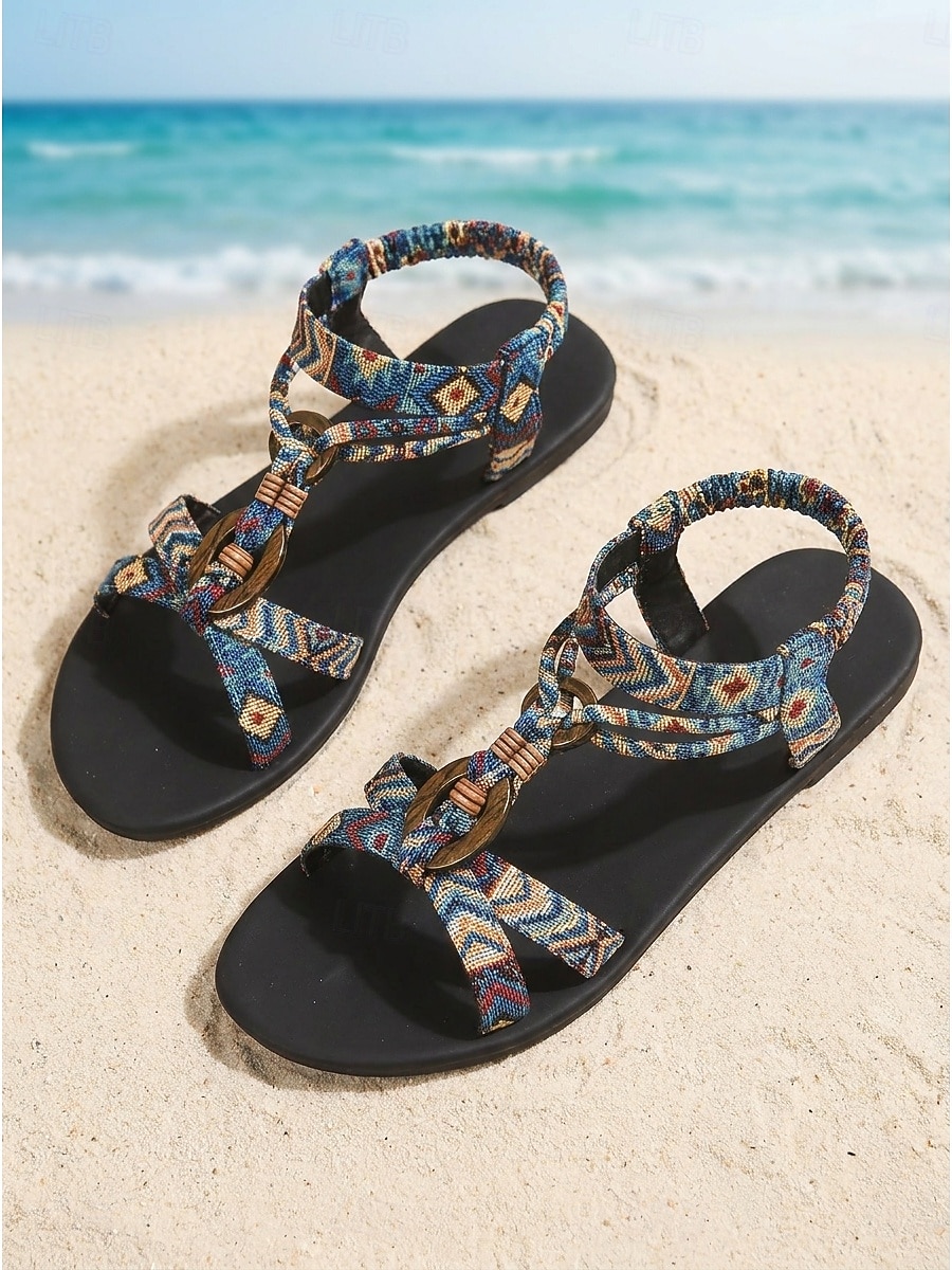 Sandalias bohemias étnicas de playa para mujer: zapatos planos tipo gladiador con tiras tejidas de estilo azteca y detalle de anillo para vacaciones de verano en la isla. & crucero 2026 - $19.99 –P3
