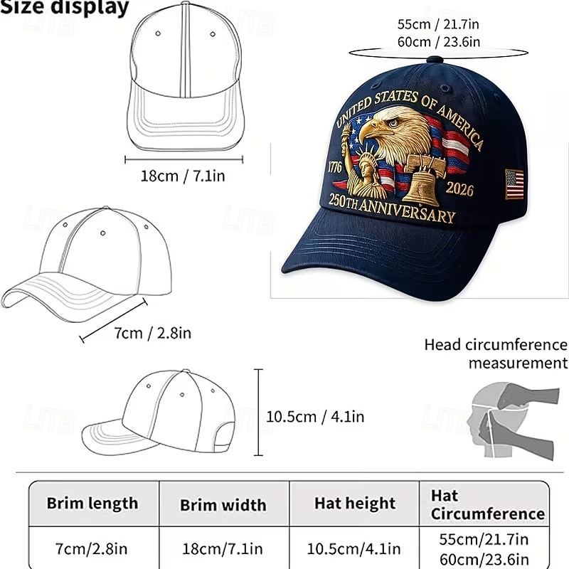 Cappello per il 250° anniversario degli Stati Uniti, berretto da baseball commemorativo 1776-2026, cappello patriottico americano 250 con aquila calva, campana della libertà e statua della libertà del 2026 a $13.99 –P1