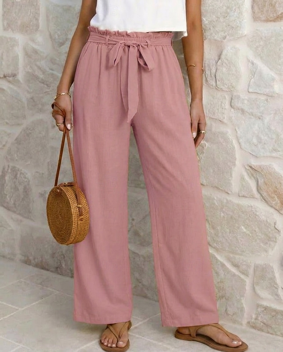 Women's Wide Leg Vacation Lounge Pants Long High Waist Plain Tie Comfortable Micro-elastic Vacation Black Yellow Pink Blue Summer Spring Loose Fit 2026 - $34.99 –P6