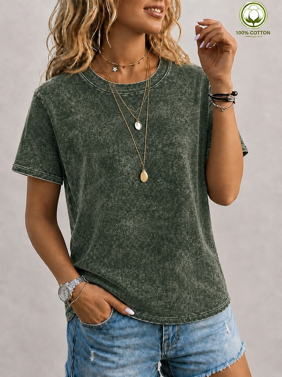 softfade™ dames T-shirt van 100% katoen, vintage gewassen model, korte mouwen, ronde hals, lange mouwen, casual, blauw, zwart, lichtgroen 2026 - $31.99 –P15