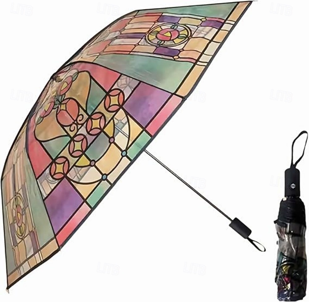 Vintage Stained Automatic Umbrella, Automatic Open & Close Folding Rain Umbrella for Women, Compact Travel Parasol, Windproof Collapsible Umbrella, Cute Aesthetic Gift Umbrella for Girls 2026 - $16.99 –P1