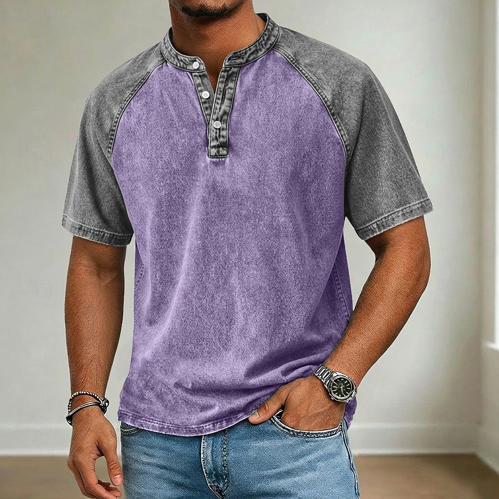Men's Henley Shirt Cotton Acid Wash Shirt Short Sleeve Color Block Patchwork Washed Retro Vintage Casual Henley Patchwork Vintage Style Color Block Henley Casual Summer Spring All Seasons Black 2026 - $32.99 –P3