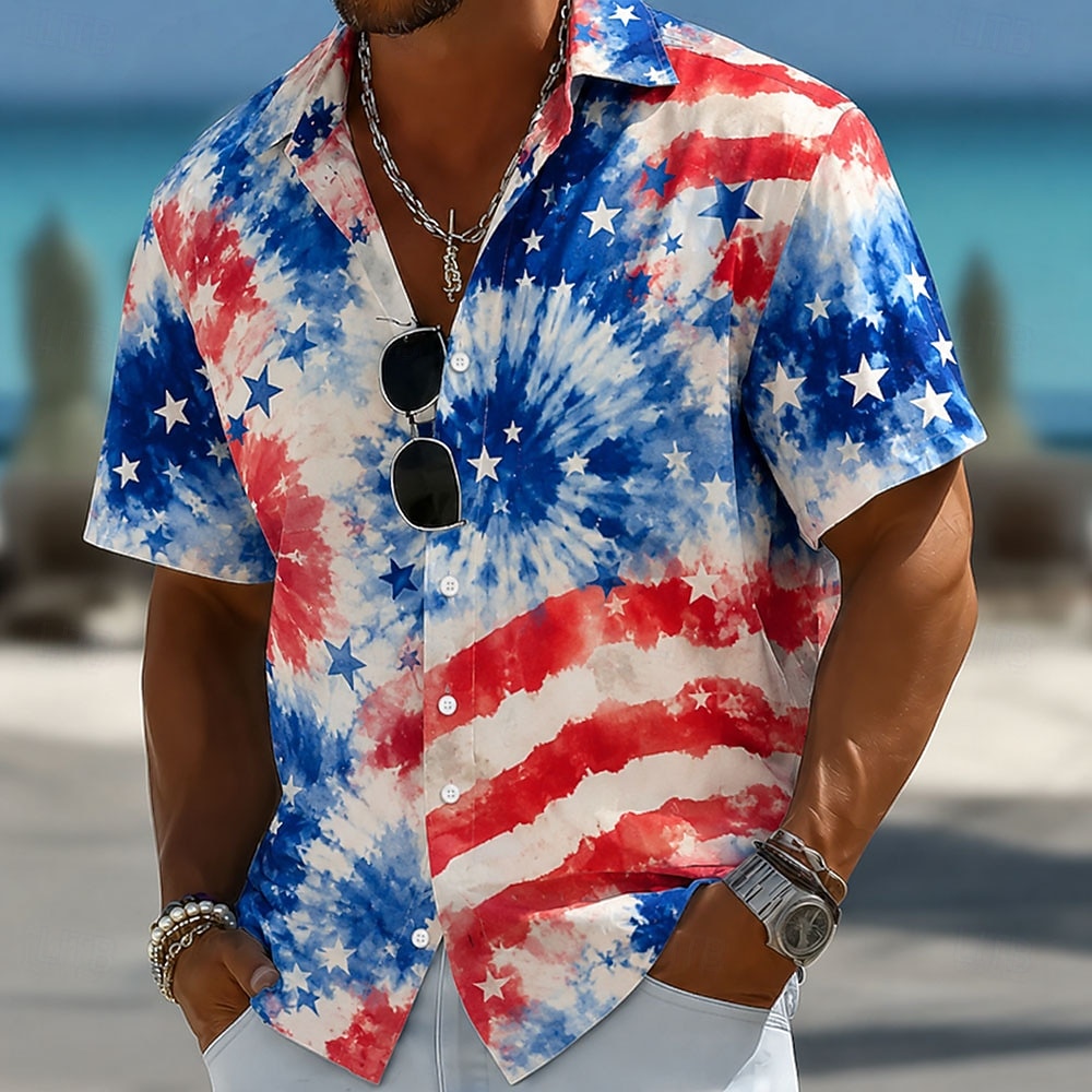 2026 250º Camisa Tying Americana de Estrela Tie Dye Camisa de Verão Camisa Botão Para Cima Camisa de Manga Curta Patriótica ao Ar Livre Festival Verão Primavera Com Colarinho Impressão 3D Azul Azul 2 de 2026 por $25.99 –P1