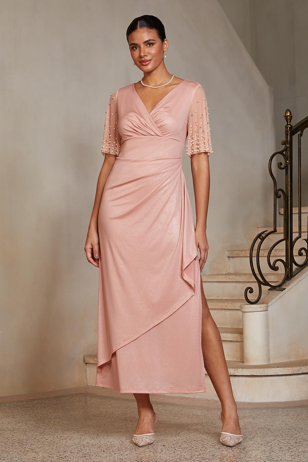 mesh sleeve wedding guest dress Women's Sheath Column Cocktail Dress Wedding Guest Dress Ankle Length  Crossover V-Neck Half Sleeve Mesh Sleeve Empire Waist Elegant with Stretch  Fabric Glitter Rhinestone Pearls Combo Crystal Pink 2026