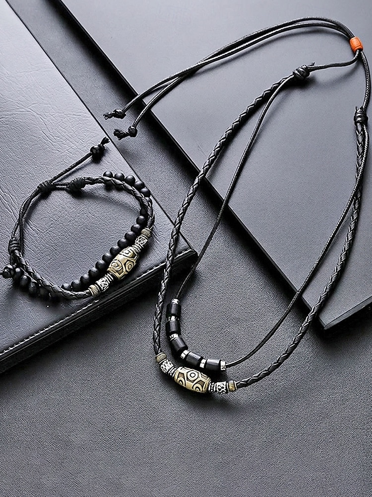 Men's Bohemian Necklace and Bracelet Set, Black Leather Beaded Jewelry, Antique Metal Accents, Summer Casual Accessory for Men, Perfect for Vacation, Festival, Daily Wear, Multiple Uses 2026 - $14.99 –P7