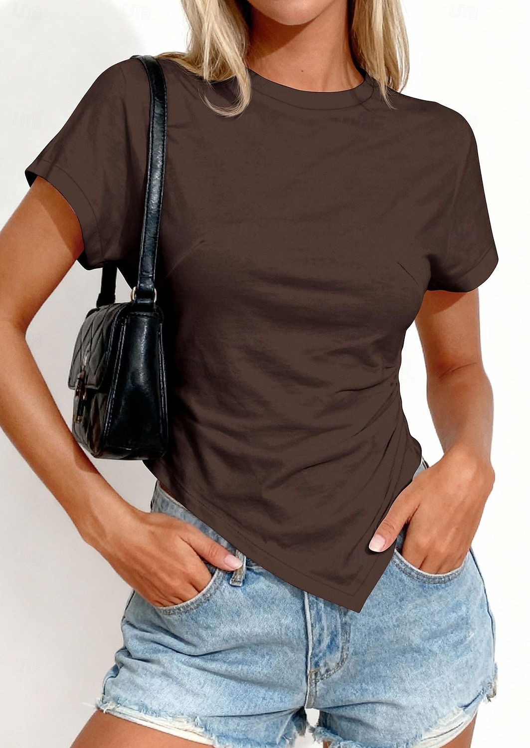 Mulheres Camisa Social Blusa Franzido Côr Sólida Roupa de rua Diário Manga Curta Gola Redonda Tops curtos Casual Azul Claro Preto Branco Rosa Marron Verão Primavera de 2026 por $22.99 –P12