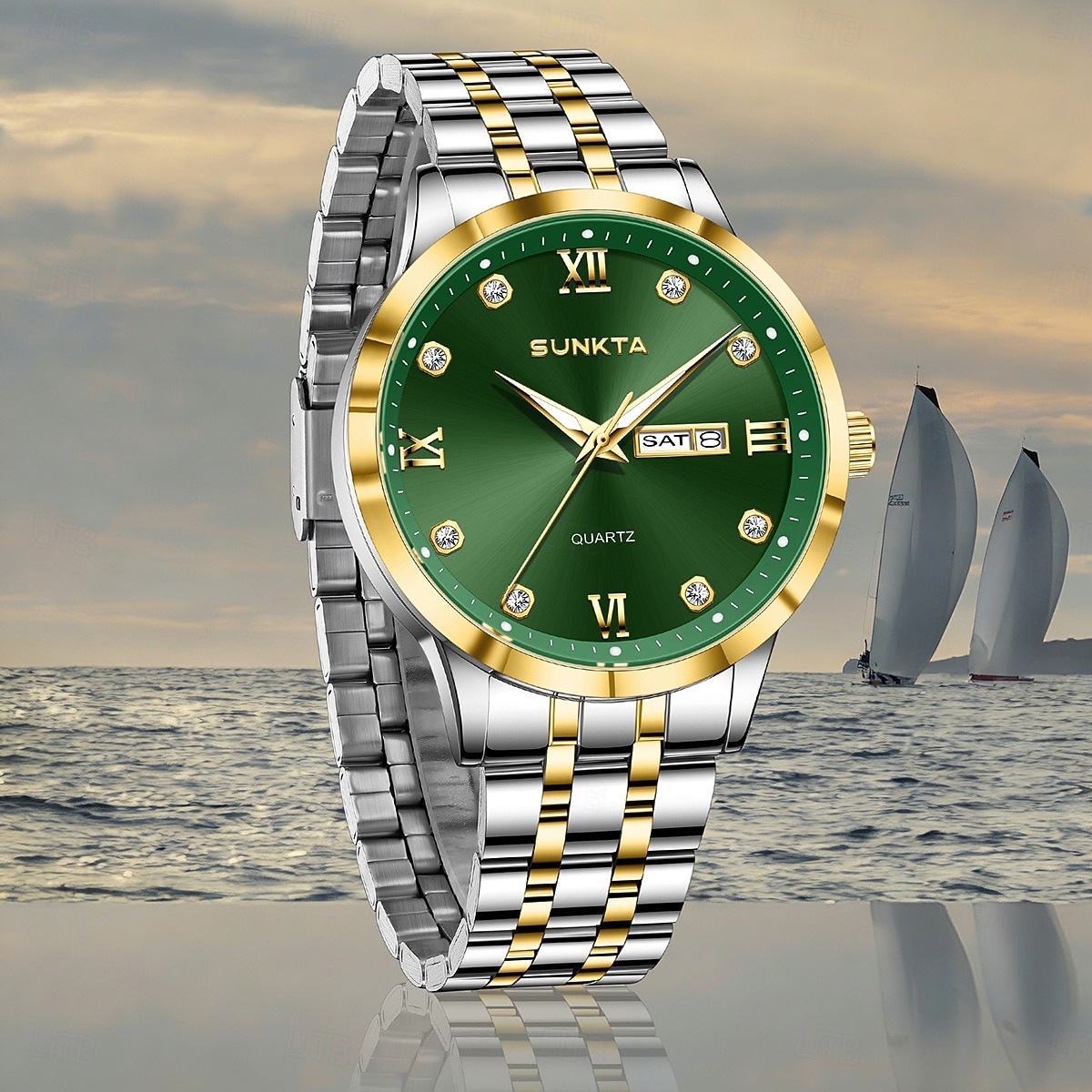 Reloj de negocios de lujo para hombre Sunkta, esfera verde, correa de acero inoxidable bicolor, resistente al agua, movimiento de cuarzo con calendario de día y fecha, números romanos, marcadores de 2026 - $9.99 –P8