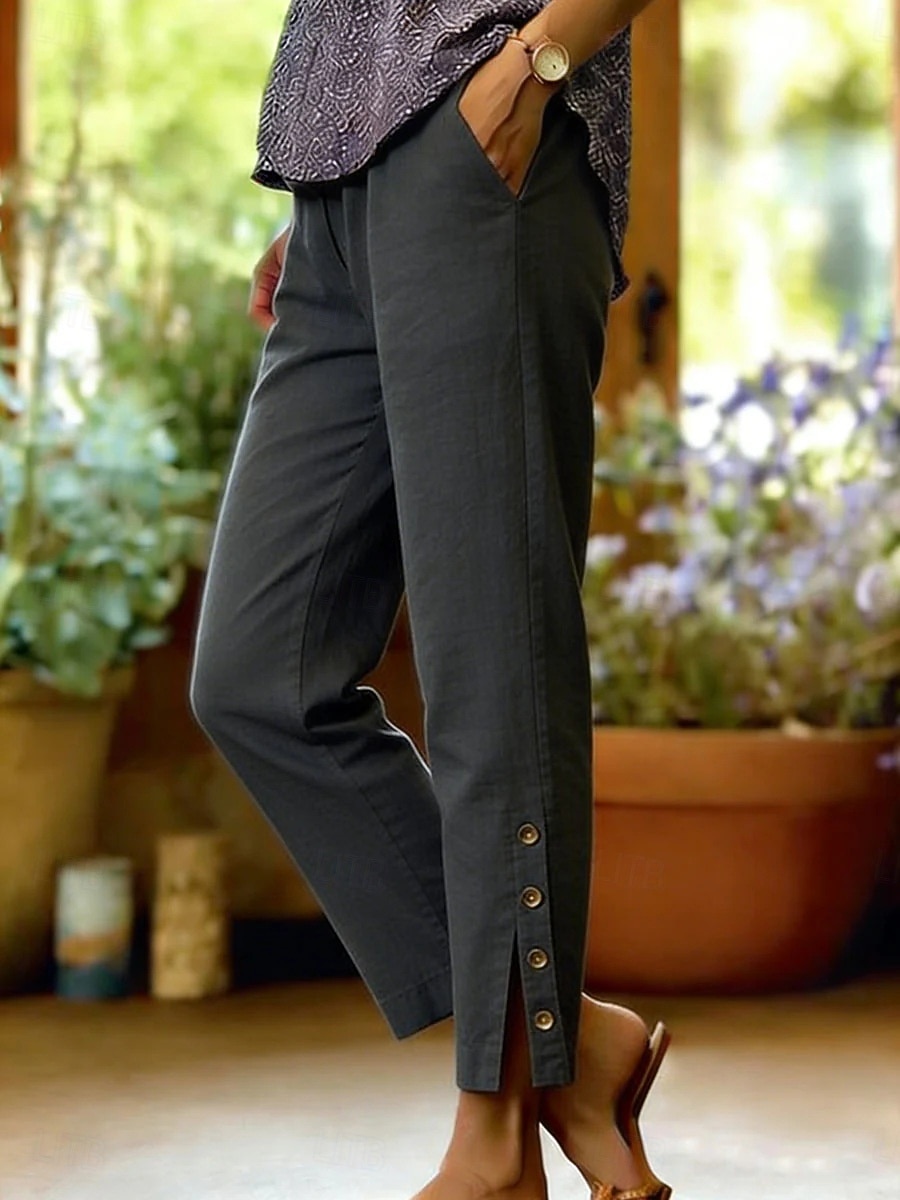 Women's Straight Stylish Casual Ankle-Length Medium Waist Solid Color Patchwork Comfort Inelastic Vacation Formal Blue turmeric Rouge Black Summer Spring 2026 - $22.99 –P4