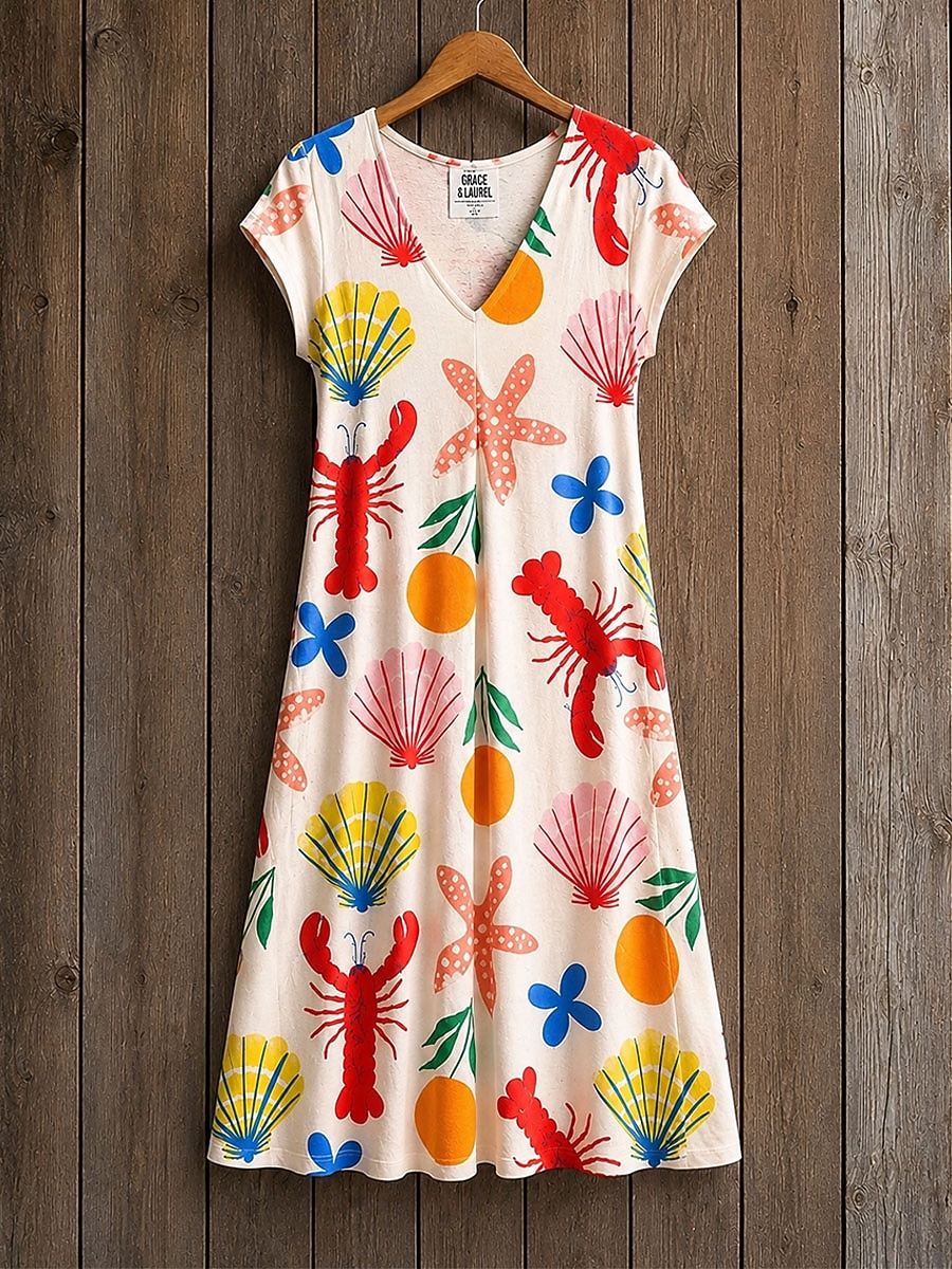 Women's Midi Dress Shift Dress T Shirt Dress Tee Dress Summer Dress Elegant Bohemia Vacation Beach Party Holiday Regular Fit Star Tropical Short Sleeve V Neck White Maroon Yellow Red Summer Spring 2026 - $24.99 –P4