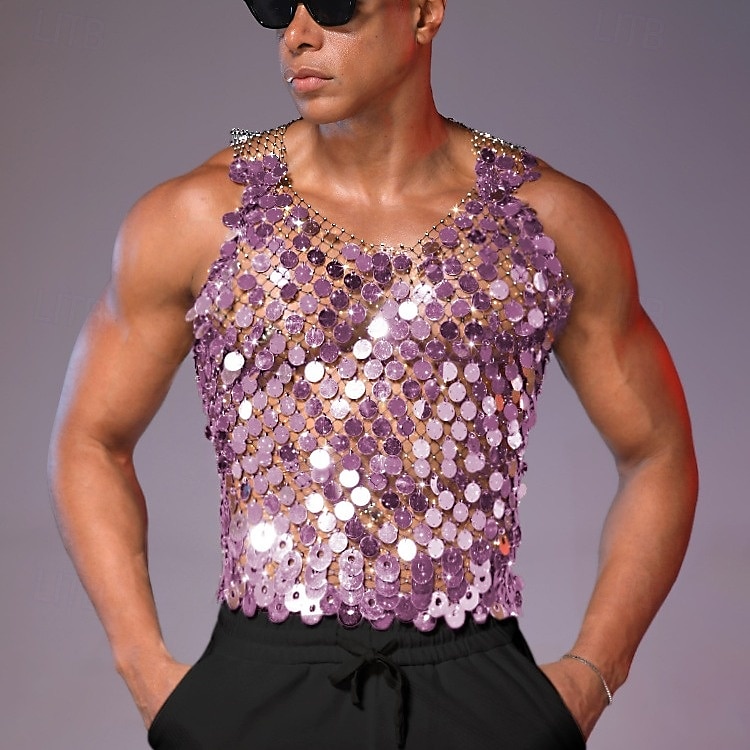 Retro Antiguo Disco Años 80 Top tank Sin Mangas Disco Lentejuelas Metálico Brillante Camiseta con cuello redondo Disfraz Hombre Víspera de Todos los Santos Carnaval Fiesta Club nocturno Adulto 2026 - $37.99 –P4