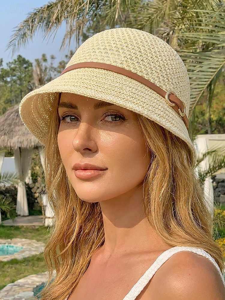 Sombrero de sol de poliéster tejido para mujer, estilo cloche multicolor con ala larga en la parte delantera y corta en la trasera. Sombrero ligero ideal para vacaciones de verano, playa, viajes, 2026 - $11.99 –P1