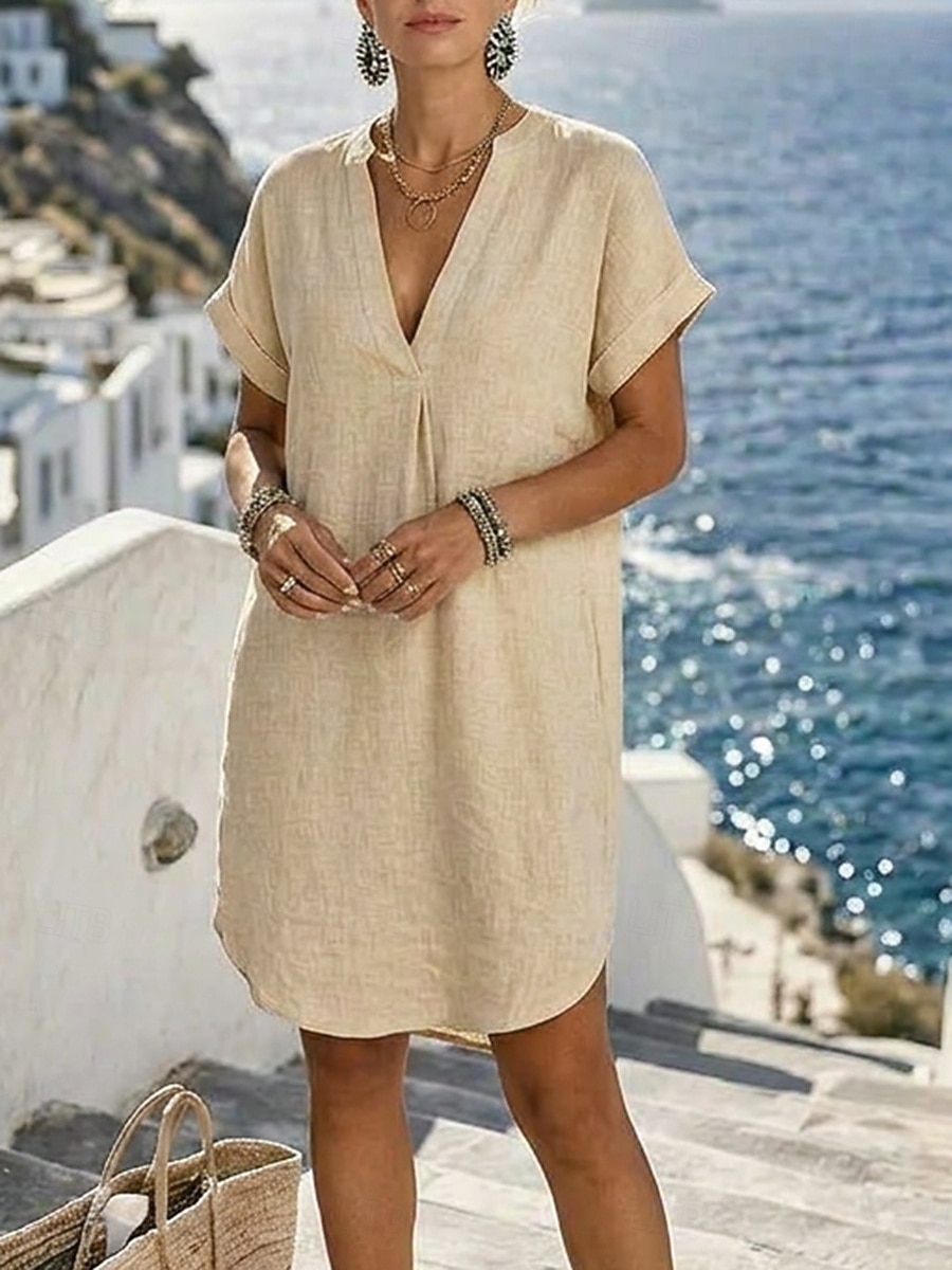 Women's Knee Length Dress Linen Dresses Vintage Daily Slim Plain Short Sleeve V Neck Khaki Red Orange Summer 2026 - $14.49 –P5