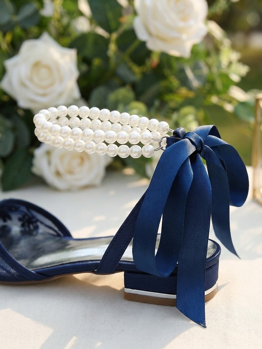 Women's Navy Blue Wedding Flats - Pearl Ankle Strap Mesh Bridesmaid Shoes with Bow for Garden Wedding Guest 2026 - $69.99 –P4