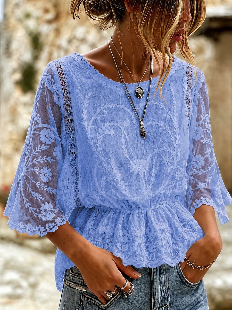 Mulheres Camisa Social Camisa de renda Blusa Renda Bordado Côr Sólida Floral Gráfico Elegante à moda Casual Meia Manga Manga Morcego Gola Redonda Tops regulares Casual Diário Feriado Azul Cáqui de 2026 por $14.49 –P4