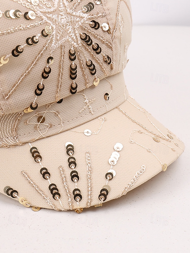 Zomerse pet met pailletten en sterrenmotief voor dames, gemaakt van ademend mesh. &linnenmix, resort &Platte reishoed, champagne goudbeige/wit/zwart, elegante dameshoed 2026 - $14.99 –P11