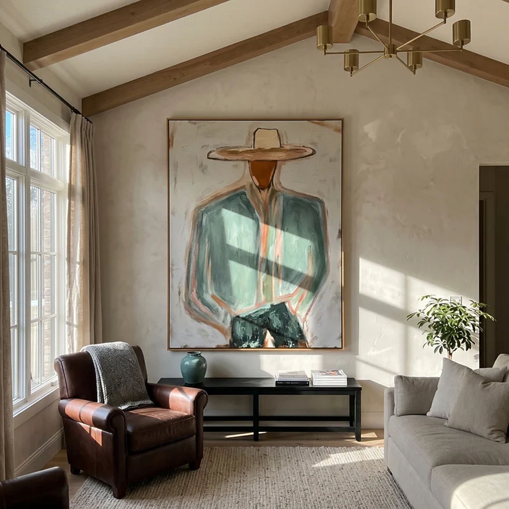 Hand Painted Minimalist Cowboy Oil Painting Western Portrait Man Wall Art Sage Green Figure Canvas for Dad Ranch Decor 2026 - $193.39 –P3