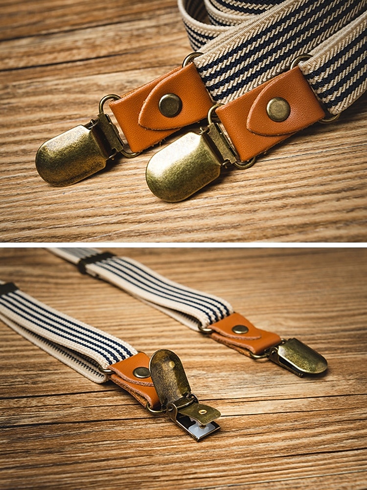 herr vintage randiga elastiska hängslen justerbara polyesterhängslen med läderflikar, klassiska y-formade hängslen för business casual, bröllop, resor, retro gentlemanstil 2026 - $14.99 –P5