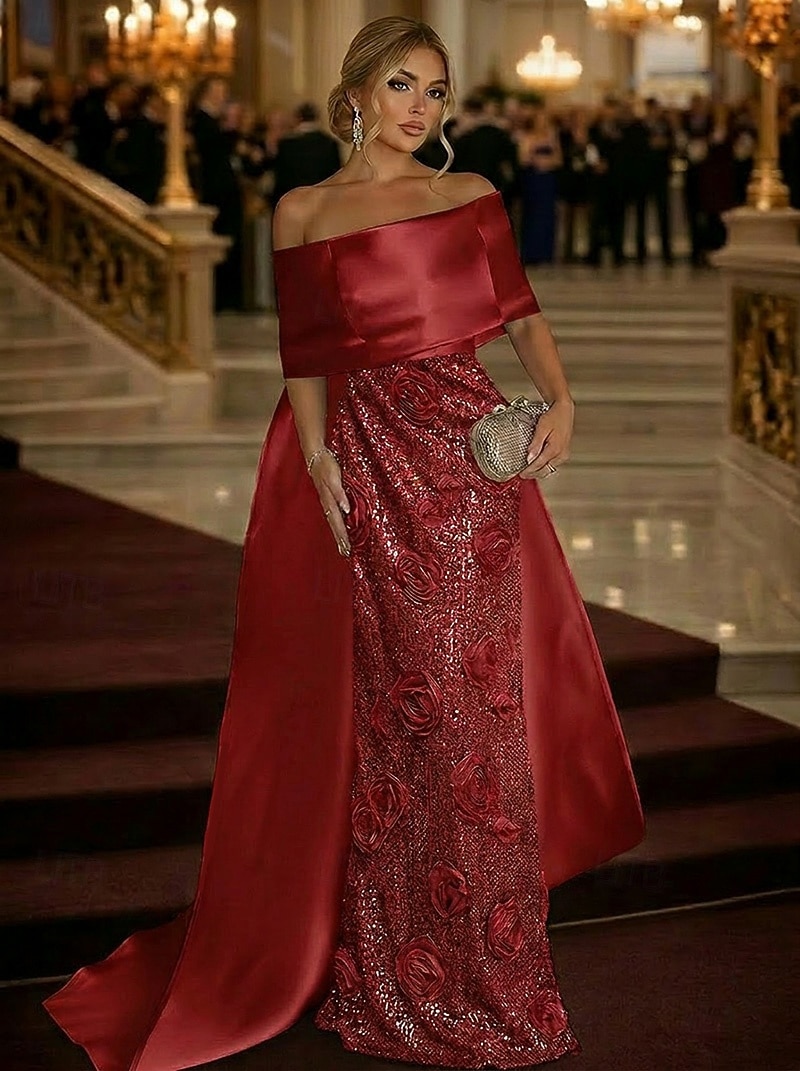 Ball Gown Sweep Brush Train Formal Dresses Evening Gown Ball Gown with Overskirt Elegant Sparkle Sleeveless Off Shoulder Wedding Formal Satin Lace with 3D Flowers Ruched Sequin 2026 - $182.99 –P5