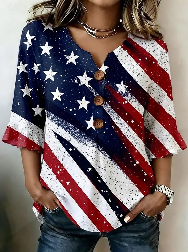 Mujer Camisa casual Tops de verano Blusa Botones Graphic Bandera estadounidense Elegante Bohemia Activo Escote en Pico Tops largos Casual Azul Piscina Blanco y Azul Rojo azul Beige Verano Primavera 2026 - $26.99 –P3