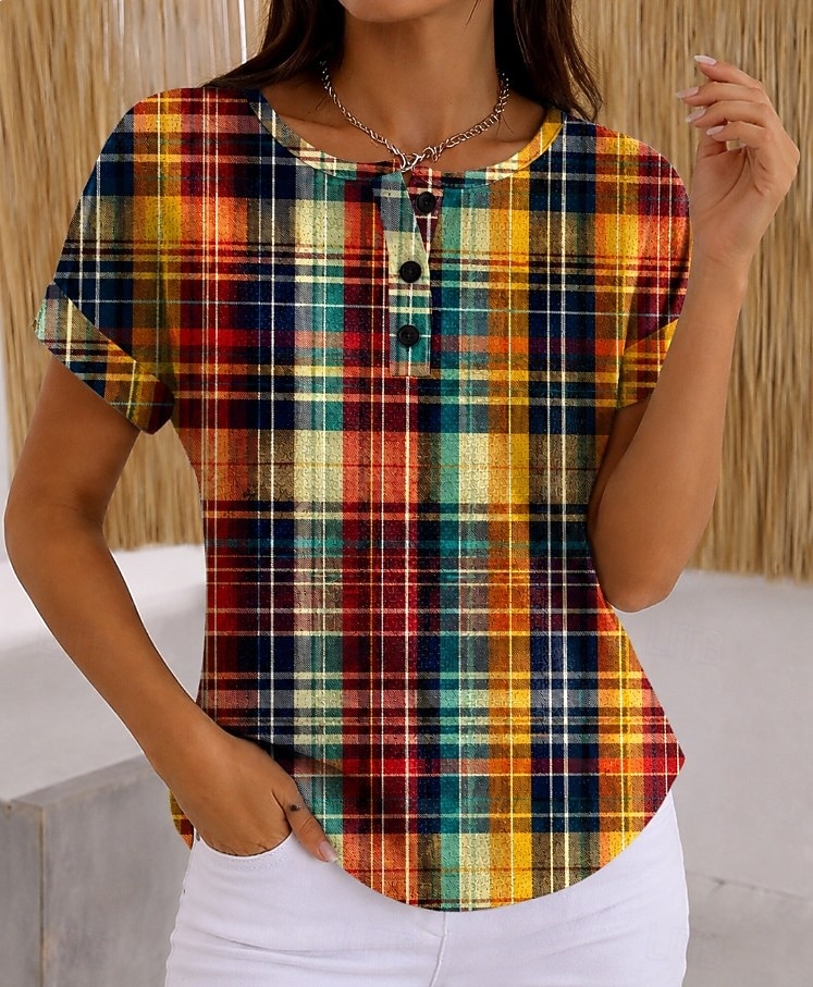 Women's T Shirt Color Block Print Graphic Geometric Plaid Vintage Stylish Classic Short Sleeve Crew Neck Long Tops Casual Daily Blue Pink Orange Green Summer Spring 2026 - $21.99 –P4