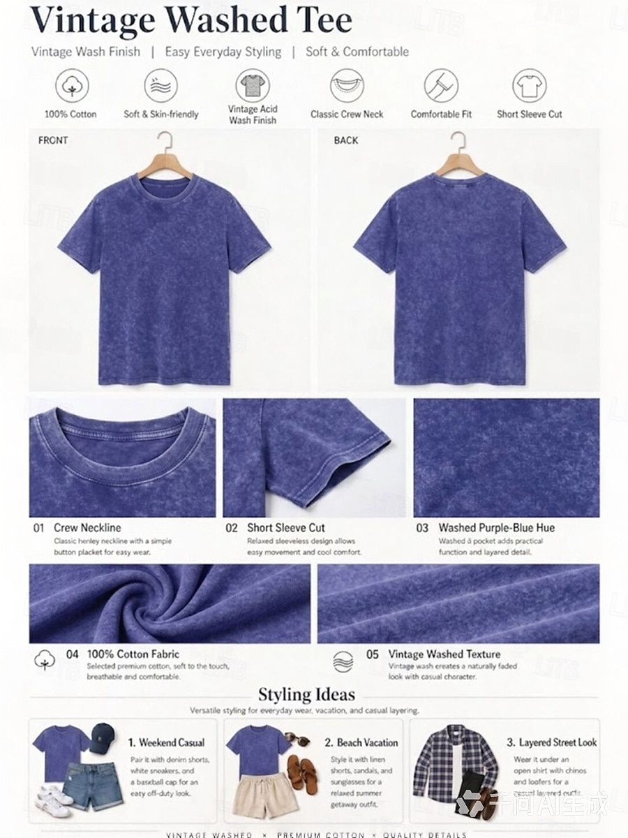 Camiseta softfade™ para mujer 100% algodón, estilo vintage, lavado ácido, liso, moda vintage, elegante, manga corta, cuello redondo, estilo casual, para el día a día, para salir, color azul. 2026 - $24.99 –P2