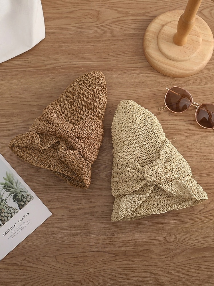 Sombrero de paja plegable estilo boho para mujer con lazo, sombrero de verano tejido y plegable en varios colores para vacaciones en la playa, viajes, fiestas en el jardín, brunch, resort. &uso diario 2026 - $14.99 –P7