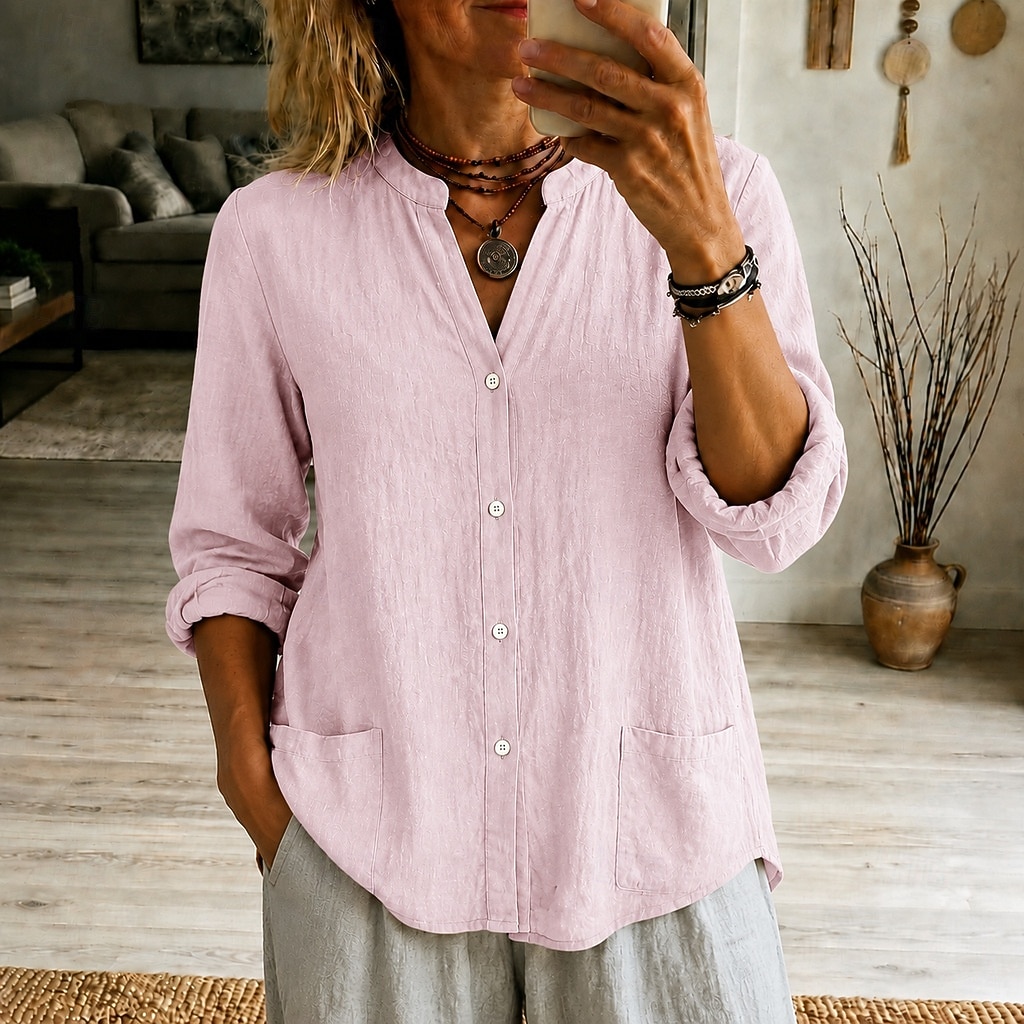 Chemisier à col henley pour femme, coupe ample et décontractée, manches longues, fermeture boutonnée et poches de 2026 ? $26.99 –P2