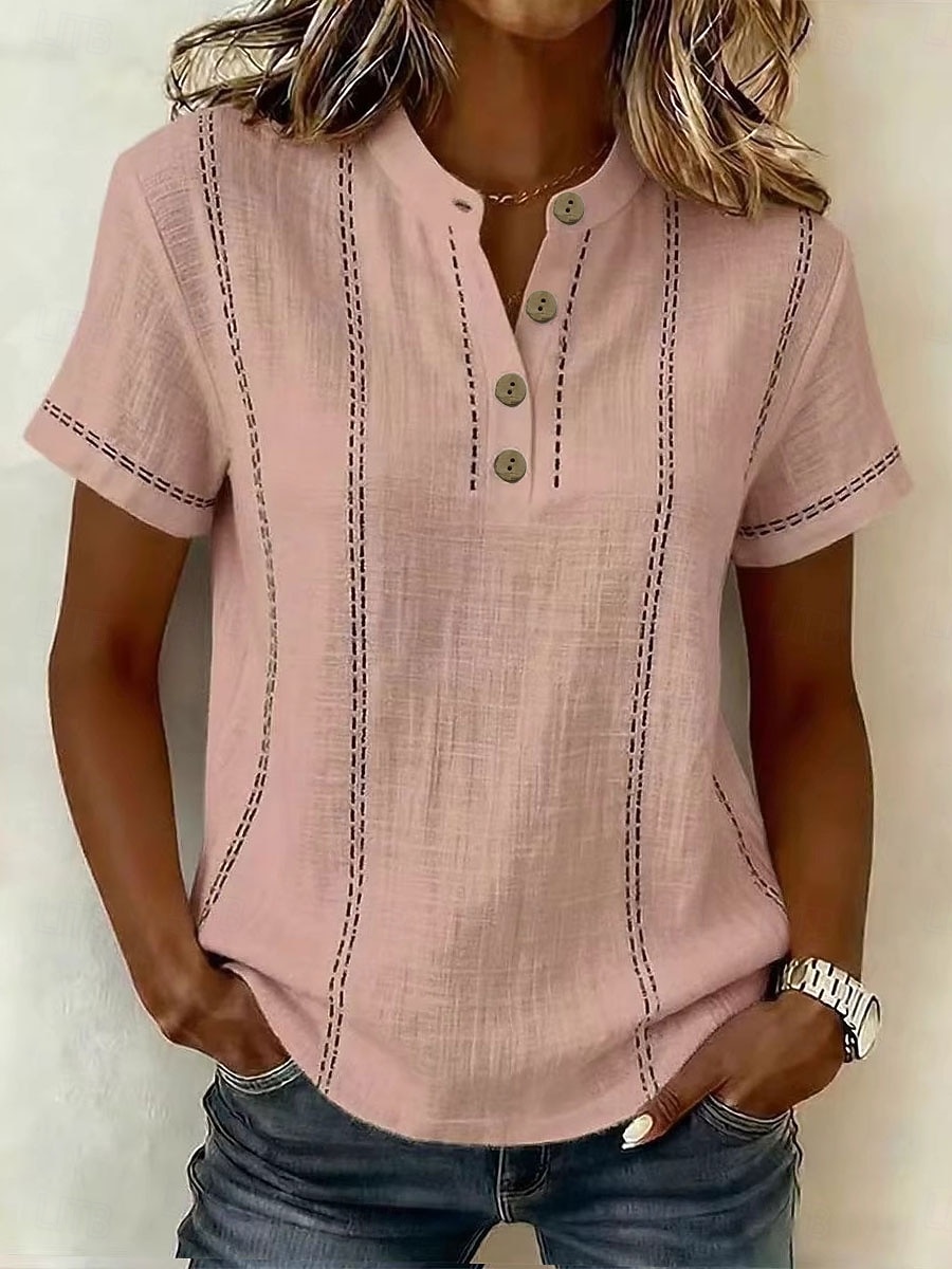 Femmes Chemises en coton et lin Chemisier Graphique Rayé ancien Élégant Basique Manche Courte Col en V Hauts Réguliers Occasionnel Quotidien Bleu Blanche Rose Claire Vert Été Printemps de 2026 ? $28.99 –P7