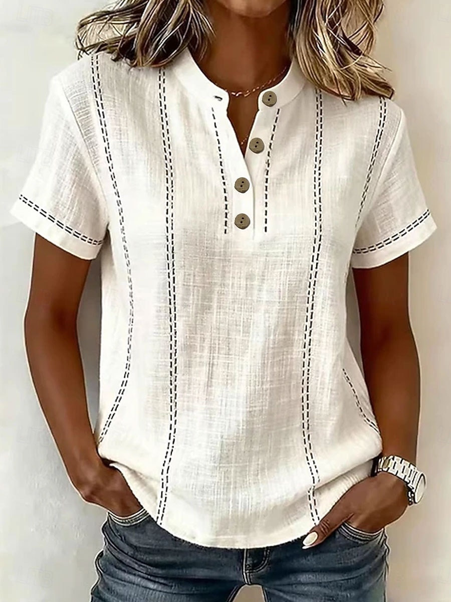 Femmes Chemises en coton et lin Chemisier Graphique Rayé ancien Élégant Basique Manche Courte Col en V Hauts Réguliers Occasionnel Quotidien Bleu Blanche Rose Claire Vert Été Printemps de 2026 ? $28.99 –P1