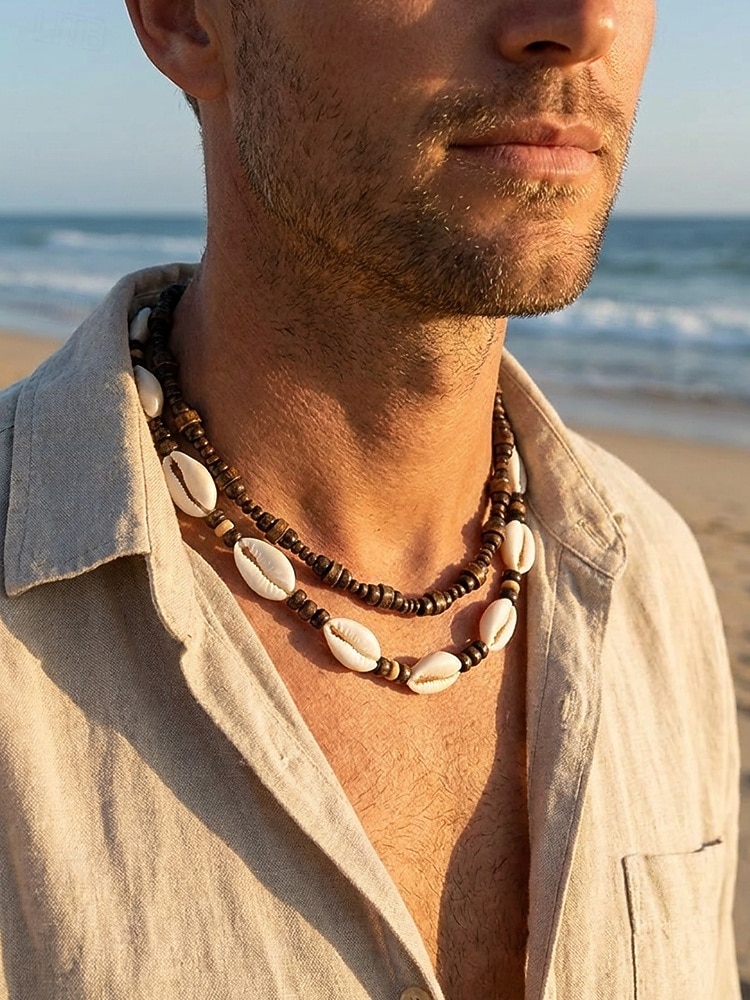 Collier bohème de plage pour homme, à plusieurs rangs, perles de bois &Collier double rang de coquillages, idéal pour les vacances d'été, les séjours en station balnéaire, les festivals, les voyages de 2026 ? $11.99 –P1